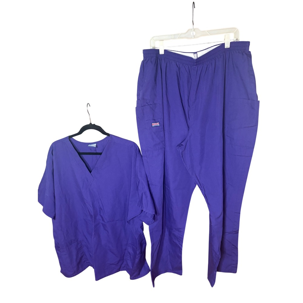Cherokee Workwear Scrub Set Purple V-Neck Top Cargo Pants 3XL 4200 QPW Womens